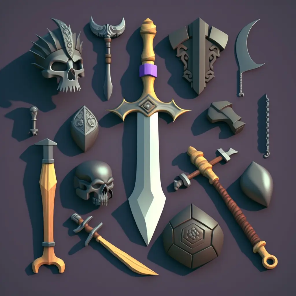 game sheet of different types of swords and axes, light background, clay render, oily, shiny, bevel, blender, style of Hearthstone